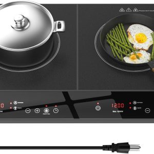 Double Induction Cooktop, Portable 1800W Induction Cooker 2 Burner Independent Touch Control, Ceramic Electric Stove with 9 Temperature and Power Level, Safety Lock, 3 Hour Timer – Black